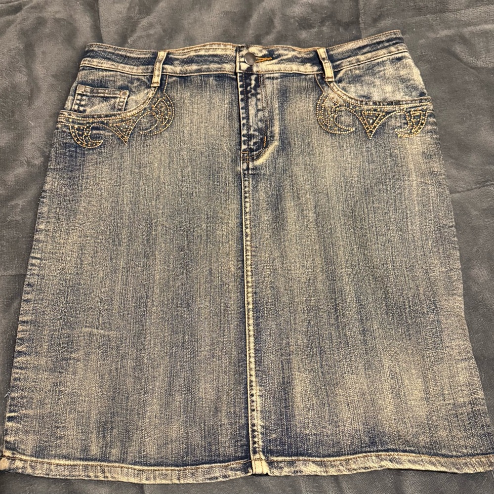 Y2k Denim Skirt with Embroidered Details